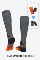 Main image shows picture of socks with heat panel glowing under the front toes and bluetooth control from phone and smart watch